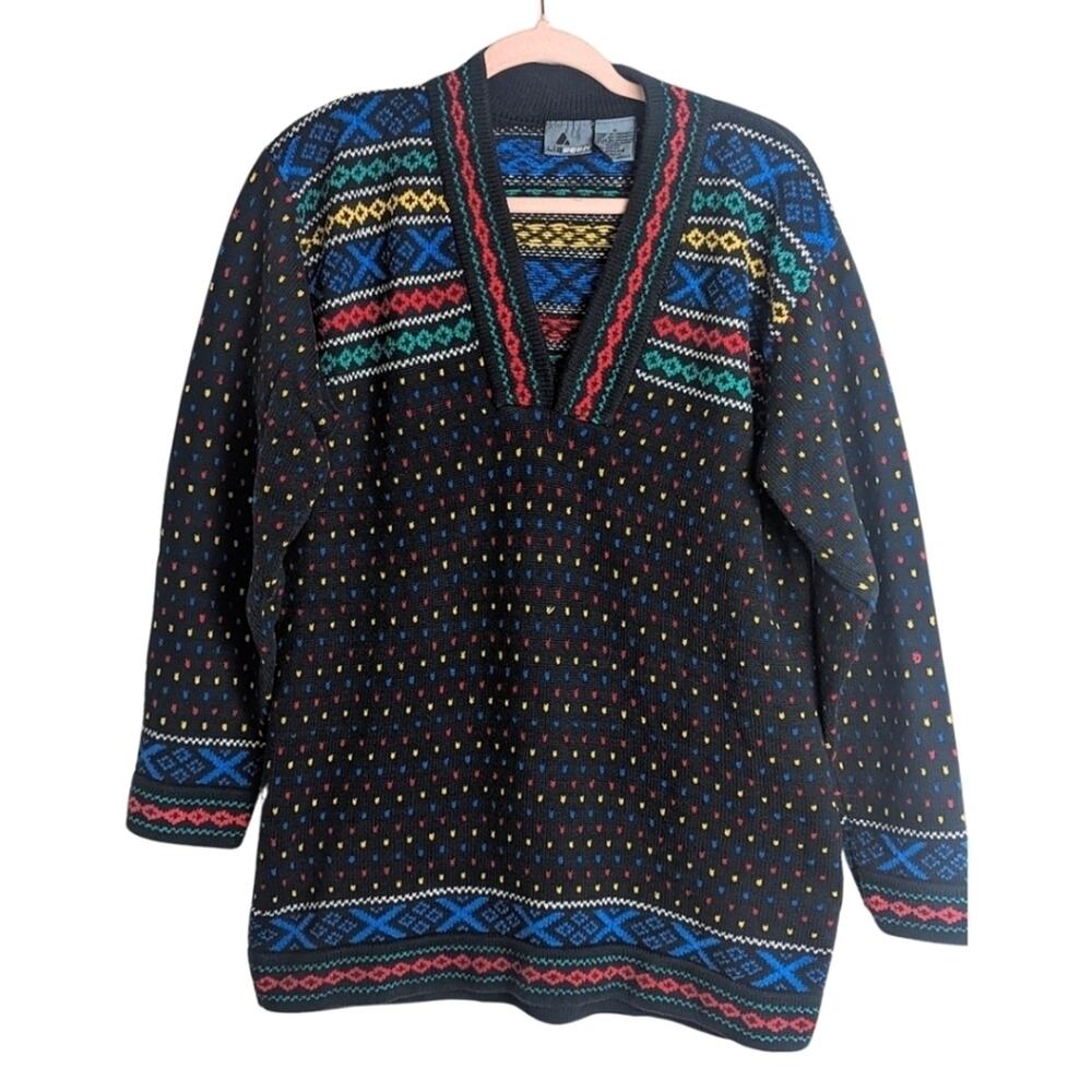 Vintage Tight Knit Pullover V-Neck Colorful Preppy Sweater Women's Med.